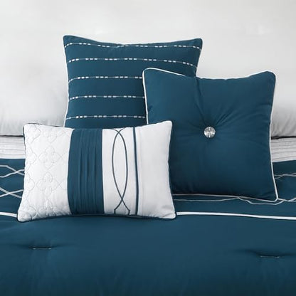 LANCO MODERN LIFESTYLE 7 Piece Comforter Set, Queen, Green Geometric Clip Design, 100% Polyester, Luxury All Seasons Bed Set Includes Comforter, Bed Skirt, Pillow Shams, and Decorative Pillows