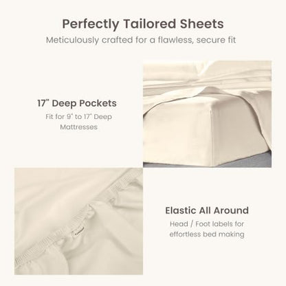 BIOWEAVES 100% Organic Cotton Sheets, 300 Thread Count 4-Piece GOTS Certified Bed Sheet Set Fits Mattress Upto 17" Deep Pocket, Soft & Silky Sateen Weave (Queen, Undyed Natural)