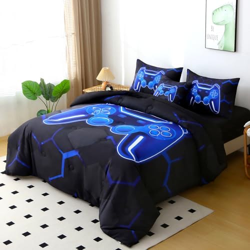 6 Pieces Boys Full Size Bedding Set Blue Gaming Comforter Set with Sheets 3D Honeycomb Gamer Bed in A Bag Game Console Printed Kids Bed Sets for Teen Boy (Black Blue, Full)