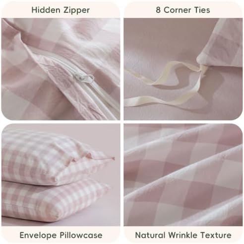 JIYUAN Full Washed Cotton Duvet Cover Set, 3-Piece, Large Gingham
