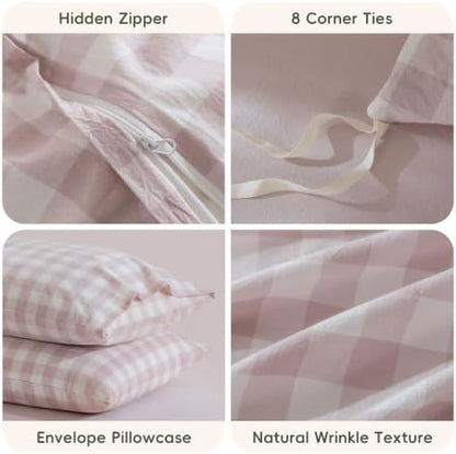 JIYUAN Full Washed Cotton Duvet Cover Set, 3-Piece, Large Gingham