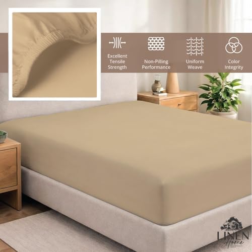 Linen Home 100% Cotton Percale Twin Size Fitted Sheet only, Light Taupe