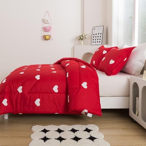Caressma Love Comforter Set King Size - Cute White Heart Print Red Bedding Comforter 3 Pieces Matching Pillowshams