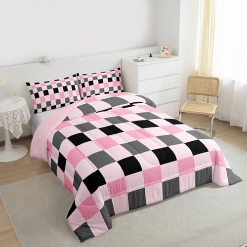 Checkered Geometric Comforter Set All Season Pink Grey Black Plaid Bedding Set with 2 Pillow Cases Checkerboard Modern Aesthetic Kids Queen Bedclothes Reversible Pink Bedroom Decor Duvet Quilt