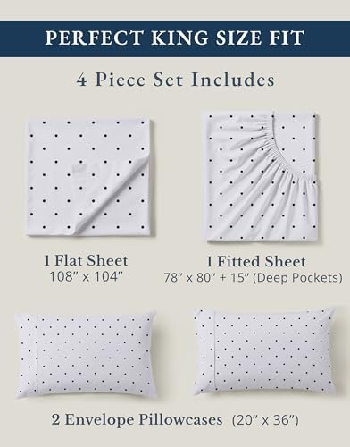 LANE LINEN King Sheet Set 100% Organic Cotton Cooling Soft 4pc - Polka Dot