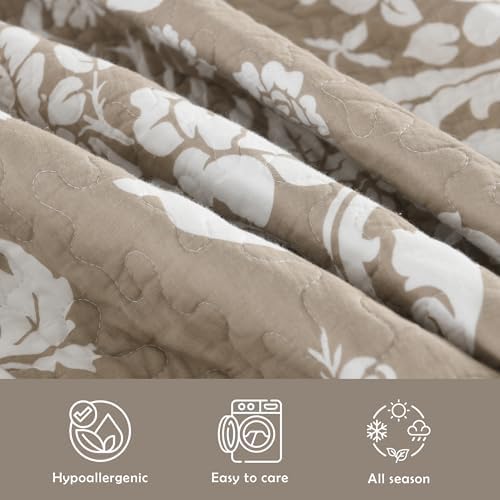 King Size Bedding Set - 3-Piece Lightweight Reversible Quilt Set in Cotton, Farmhouse Floral, Khaki, for All Seasons
