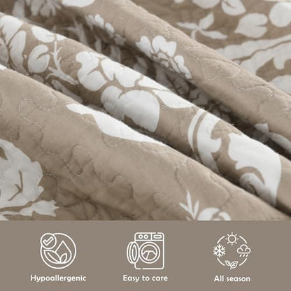 Queen Size Quilt Set - 100% Cotton Taupe and White Quilts, 90x98