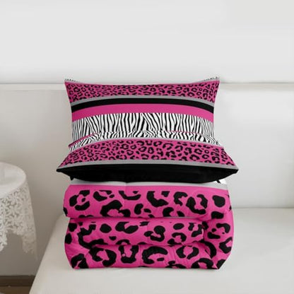 Zebra Stripes Comforter Leopard Print Comforter Set For Kids Boys Girls Pink Black White Zebra Leopard Fur Bedding Set Ultra Soft Decor Wild Animal Skin Texture Pattern Duvet Set Queen Size Quilt Set
