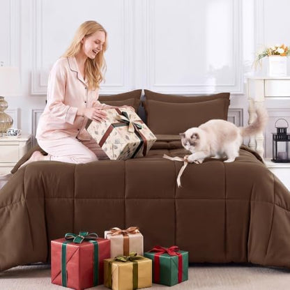 CozyLux Oversized King Comforter Set, 7-Piece Bed in a Bag, Brown