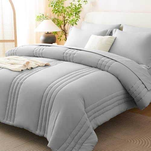 CozyLux King Size Comforter Set Light Grey- 7 Pieces Bed in a Bag
