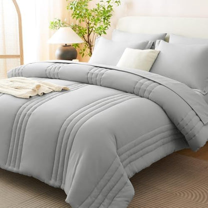 CozyLux King Size Comforter Set Light Grey- 7 Pieces Bed in a Bag