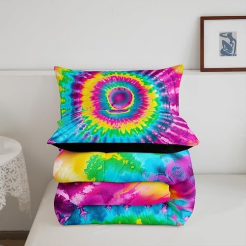 3 Piece Rainbow Tie Dye Comforter Set with 2 Pillowcases Boho Psychedelic Bedding Set for Kids Girls Teens Bohemian Gypsy Exotic Spiral Quilted Duvet Soft Comfy, Watercolor Art Down Comforter,King