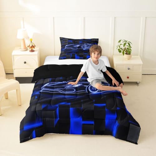Feelyou Blue Race Car Comforter Set Toddler Size Bedding Set