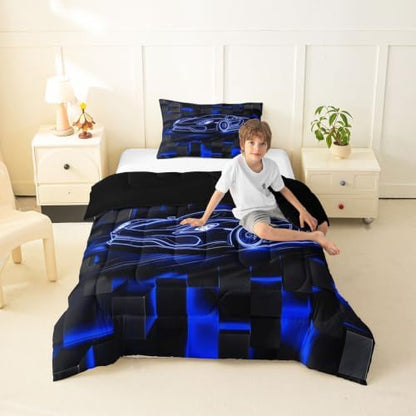 Feelyou Blue Race Car Comforter Set Toddler Size Bedding Set