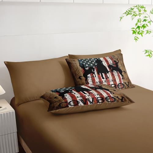 7Pcs Western Cowboy Comforter Set American Flag Printed Bedding Set with 1 Comforter, 1 Flat Sheet, 1 Fitted Sheet and 4 Pillowcases for Bedroom All Season(Cowboy Queen)