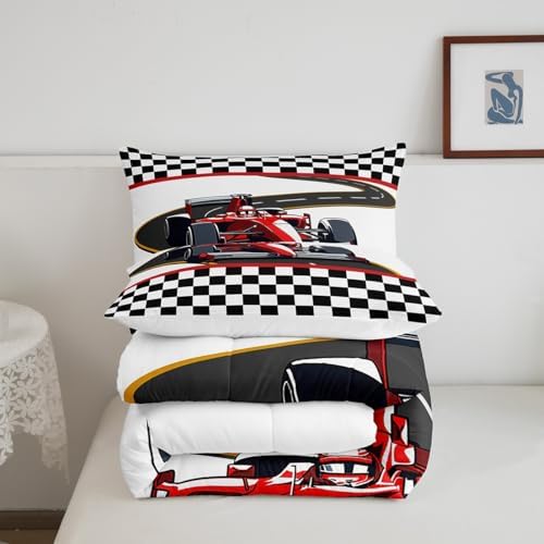 Teens Red Racing Car Comforter Set Queen Size,Extreme Sports Theme Bedding Set for Kids Boys Girls Bedroom Decoration,Black White Grid Bed Duvet Insert,Race Car Comforter with 2 Pillowcases