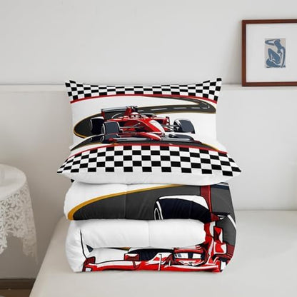 Teens Red Racing Car Comforter Set Queen Size,Extreme Sports Theme Bedding Set for Kids Boys Girls Bedroom Decoration,Black White Grid Bed Duvet Insert,Race Car Comforter with 2 Pillowcases