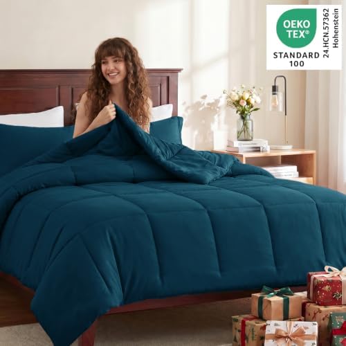 CozyLux Full Size Comforter Sets, 3-Piece Box-Stitched, Lyons Blue