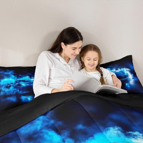 Erosebridal Blue Racing Car Comforter Set King Size,Somky Extreme Sport Games Bedding Sets for Kids Boys Teens,Sports Race Car Bed in A Bag with 1 Comforter,2 Pillowcases,Cool Modern Duvet Insert