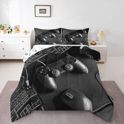 Feelyou Gamer Comforter Set Queen Size Gaming Bedding Set for Kids Boys Girls Game Room Decor Duvet Quilt Gamepad Bedroom Decor Black Microfiber 3 Pcs with 2 Pillow Cases