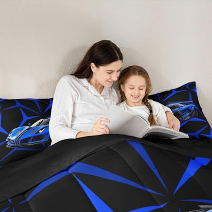 Castle Fairy Blue Race Car Bedding Set with 2 Pillowcases,Abstract Geometric Line Theme Comforter Set for Teens Adult Room,Extreme Sport Theme Racing Car Ultra Soft Bedding Set King Size,3 Pcs