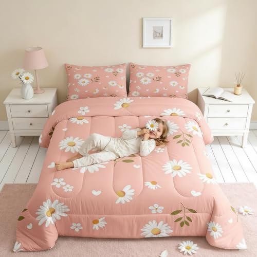 Homewish Daisy Flowers Comforter Set Full Size,Petals and Leaves Bedding Set for Girls Women Adult Bedroom Decoration,Kids Pink and White Bed Duvet Insert,Daisy Comforter with 2 Pillowcase