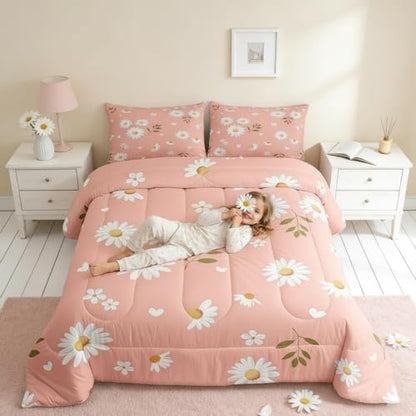 Homewish Daisy Flowers Comforter Set Full Size,Petals and Leaves Bedding Set for Girls Women Adult Bedroom Decoration,Kids Pink and White Bed Duvet Insert,Daisy Comforter with 2 Pillowcase