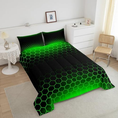 Green Black Ombre Honeycomb Comforter Full Size for Boys Girls, Geometrics Hexagon Comforter Set Abstract Green and Black Bedding Set Hexagonal Duvet Set Microfiber Bed Set