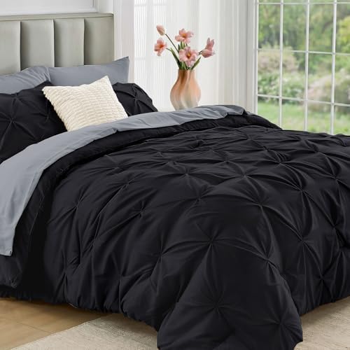 JOLLYVOGUE Full Size Comforter Sets 7 Pieces - Bed in a Bag Full for All Season, Pintuck Bedding Comforter Sets with Comforter, Flat Sheet, Fitted Sheet and Pillowcases & Shams, Black & Light Grey