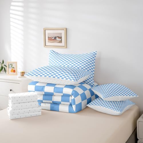 jejeloiu Blue Bedding Set 7Pcs Queen Size Kids Plaid Checkered Comforter Set with Sheets for Boys Girls Classic Grid Buffalo Check Bed in a Bag Soft Lightweight,Microfiber