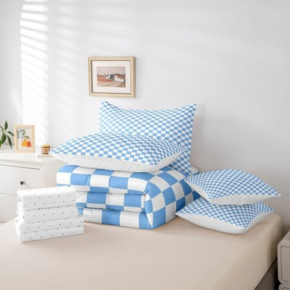 jejeloiu Blue Comforter Set with Sheets 7 Piece Full Size