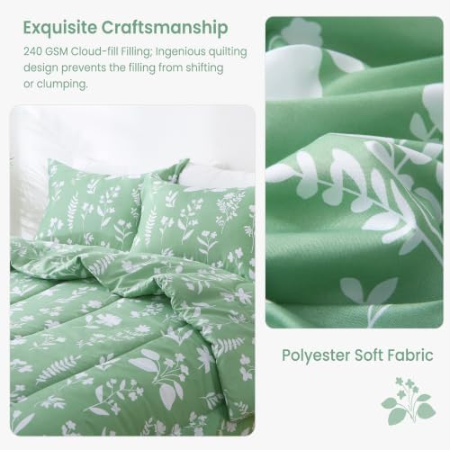 Mooreeke Twin Size Comforter Sets, Lightweight Dark Green with White Flower Patterned Bedding for All Seasons, 2-Piece Vintage Bed in a Bag with Fluffy Quilted Reversible Comforter & Pillow Sham