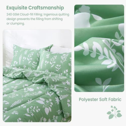 Mooreeke Twin Size Comforter Sets, Lightweight Dark Green with White Flower Patterned Bedding for All Seasons, 2-Piece Vintage Bed in a Bag with Fluffy Quilted Reversible Comforter & Pillow Sham