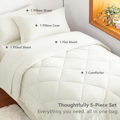 CozyLux Twin XL Comforter Set 68"x88" Ivory - 5 Piece Bed in a Bag