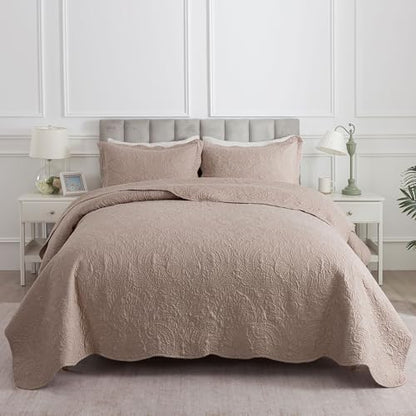HoneiLife Quilt Sets King Size - Microfiber Bedspreads for King Bed, 3-Piece Lightweight Coverlets, Retro Bedlinen Sets, King Quilt Bedding Set All Season Use-Dark Khaki