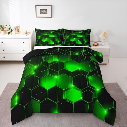 Feelyou Honeycomb Bedding Set Kids Toddler Queen, Beehive Geometric Comforter Set Honeycomb with Green Yellow Neon Lights Comforter Hexagonal Duvet Durable Quilt Queen Size