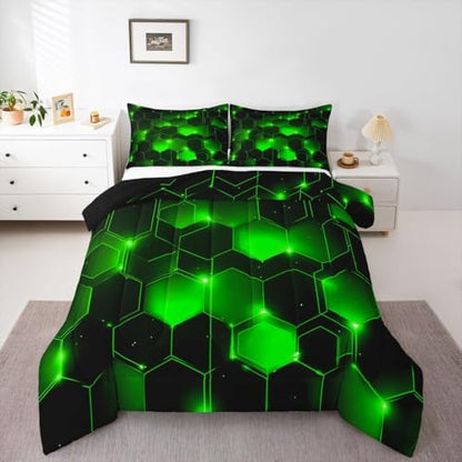 Feelyou Honeycomb Bedding Set Kids Toddler Queen, Beehive Geometric Comforter Set Honeycomb with Green Yellow Neon Lights Comforter Hexagonal Duvet Durable Quilt Queen Size