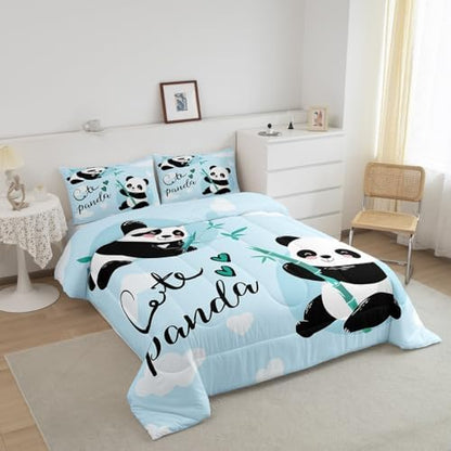 Feelyou Cute Panda Bedding Set Cartoon Panda Comforter Set for Kids Boys Girls Animal Theme Comforter Kawaii Animal Quilt Set Blue 1 Comforter Set with 2 Pillowcases Queen Size