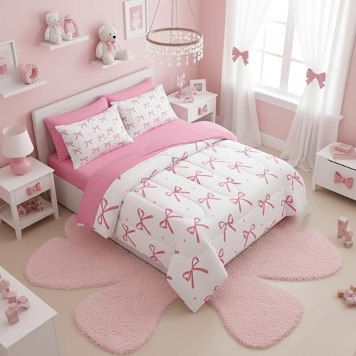 QOOMO Pink Bow 7 Pieces Comforter Set Twin Size,Bowknot Bedding Set