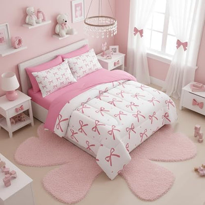 QOOMO Pink Bow 7 Pieces Comforter Set Twin Size,Bowknot Bedding Set