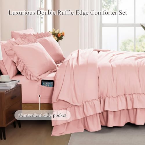 Queen Comforter Set Rosewater Ruffle 7 Pieces Farmhouse Bed in a Bag