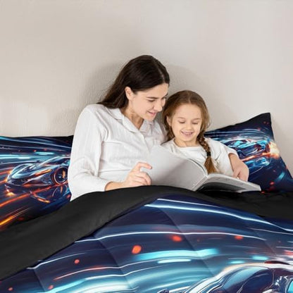 Boys Race Car Toddler Size Bedding Set,Cool Race Sports Car Set Comforter Set for Kids Boys,Teal Blue Racing Cars Bed for Boy,Glitter Stripes Cool Sports Cars Bedding Comforter Set,Soft Lightweight