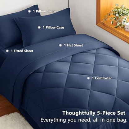 CozyLux Twin XL Comforter Set 68"x88" Navy - 5 Piece Bed in a Bag