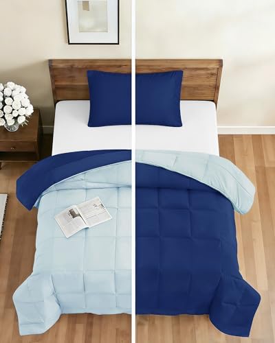 King Comforter Set - Navy Blue/Sky Blue Bedding, All Seasons - 3 Piece Set