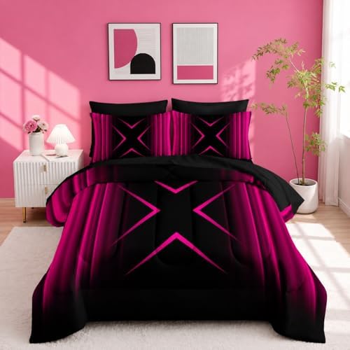 Nttopship Pink Black Geometric Comforter Set Full Size 7Pieces,3D Abstract Mordern Printed Bedding Set for Adults,Geometric Mordern Decor All Seasons with Pillowcases,Flat, Fitted Sheet