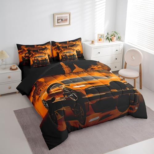 jejeloiu Kids Race Car Comforter Set with Sheets King Size Extreme Sport Games Bedding Set for Boys Girls Bedroom Decor Modern Orange Bed in a Bag Soft Lightweight Microfiber