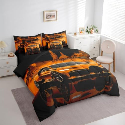 jejeloiu Kids Race Car Comforter Set with Sheets Twin Size Extreme Sport Games Bedding Set for Boys Girls Bedroom Decor Modern Orange Bed in a Bag Soft Lightweight Microfiber
