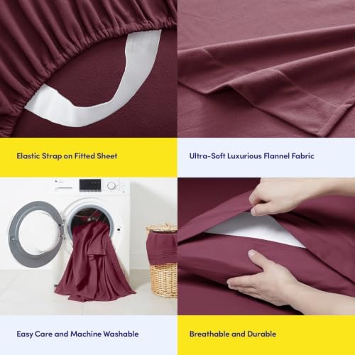 Flannel Sheets Warm and Cozy Deep Pocket Breathable All Season Bedding Set with Fitted, Flat and Pillowcases, King, Burgundy Red