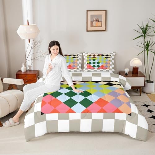Checkered Geometric Comforter Set Toddler Size Green Red Beige Brown Plaid Bedding Set for Kids Boys Girls Checkerboard Modern Aesthetic Duvet Quilt Reversible Grey Decor 2 Pcs with 1 Pillow Cases
