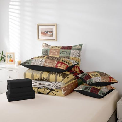 Erosebridal Retro Camper Bed in A Bag 7 Piece Happy Camping Twin Comforter Set for Kids Adults,Rv Camping Decor Bedding Set for Travel Trailers Campers,Vintage Rustic Buffalo Plaid Bed Set